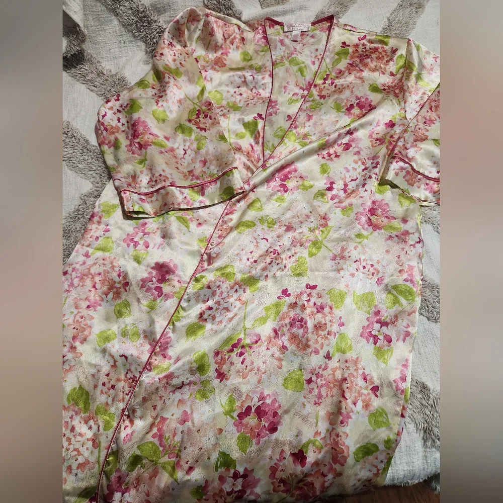 Oscar De La Renta Pink Label Sz XL Pink & Green Floral Long Satin Robe - Picture 2 of 5